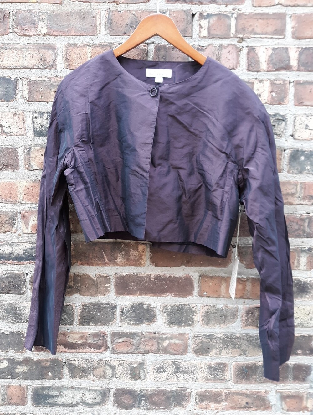 Leigh DeLeonardo Bolero Jacket Purple Cropped Metallic Shimmer Slow Fashion L